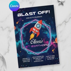 May include: A space-themed birthday invitation with a rocket ship illustration. The invitation features the text "BLAST OFF!" and "Oliver's 5th Birthday". The design includes a galaxy background with planets and stars.