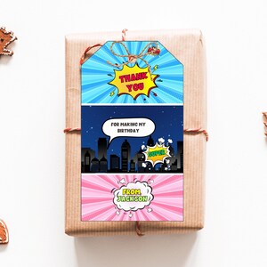 Etiquetas editáveis para lembrancinhas de super-heróis, super-heróis, aniversário, super-heróis, lembrancinhas para presentes de super-heróis, etiquetas de agradecimento, modelo de menino para impressão, Canva