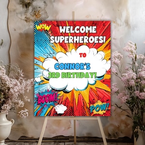 Superhero Birthday Welcome Sign: Comic Book Party Decor (Digital Download, Made-to-order