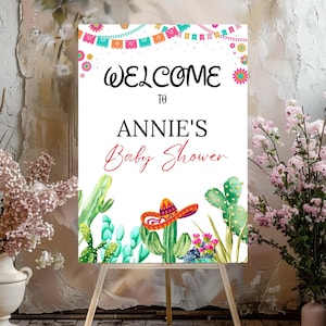 Editable Taco &#39;Bout a Baby Welcome Sign, Baby Shower Watercolor Cactus Mexican Succulent Table Sign Canva Template Printable