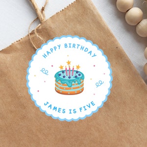 Adesivos de bolo de feliz aniversário, Etiquetas personalizadas de feliz aniversário, Etiqueta para lembrancinha de aniversário, Adesivo para lembrancinha de festa de aniversário, Etiqueta azul Canva PDF Digital