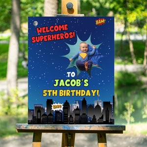 Superhero Birthday Welcome Sign with photo, Superhero Party, Super Hero Decor Comic Book, Superhero welcome sign PRINTABLE Digital File Only