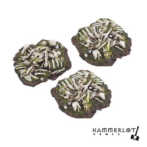 May include: Three piles of white bones on a brown, mossy base. The bones are arranged in a chaotic pile, suggesting a graveyard or battleground.