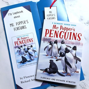 May include: A blue folder with a red bookmark that says "Mr. Popper's Penguins". The folder has a white label that says "My Lapbook about Mr. Popper's Penguins". The folder also has a smaller book inside that says "Mr. Popper's Penguins" with a picture of penguins on the cover.