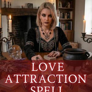 Puede incluir: Una persona con un top de terciopelo negro con bordados está sentada en una mesa de madera. El texto "LOVE ATTRACTION SPELL" se muestra en blanco. Las palabras "SAME DAY PDF REPORT" están debajo del título del hechizo.