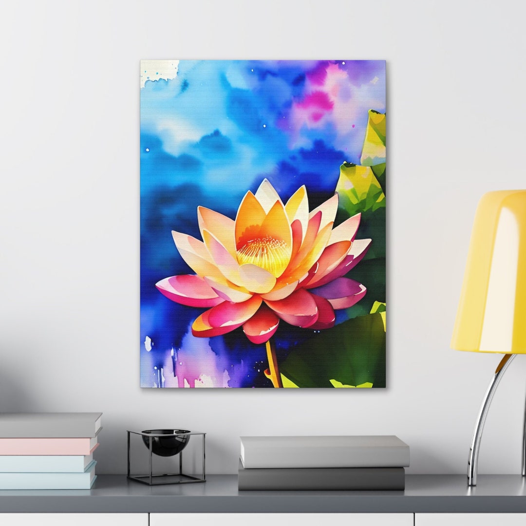 Lotus Flower Watercolor Canvas Print, Colorful Wall Art Decor, Lotus ...