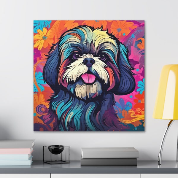 Colorful Shih Tzu Canvas Wall Art, Vibrant Shih Tzu Dog Floral Print, Colorful Flower Wall Decor, Flower Shih Tzu Canvas Art, Dog Lover Gift