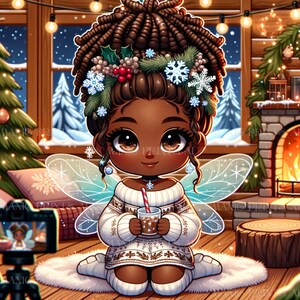 May include: A Black fairy with brown dreadlocks wearing a white sweater with a snowflake pattern, a blue and white fairy costume, and a snowflake headband. She is holding a cup of hot chocolate with a red and white striped straw. She is sitting on a wooden floor in front of a fireplace with a Christmas tree and a window behind her.