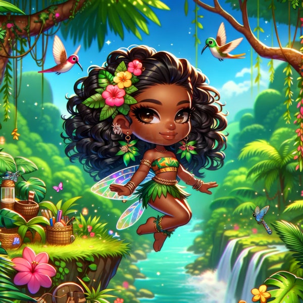 Enchanted Rainforest Fairy - Digital Art Print of African American Fairy, Fantasy Wall Decor High Resolution