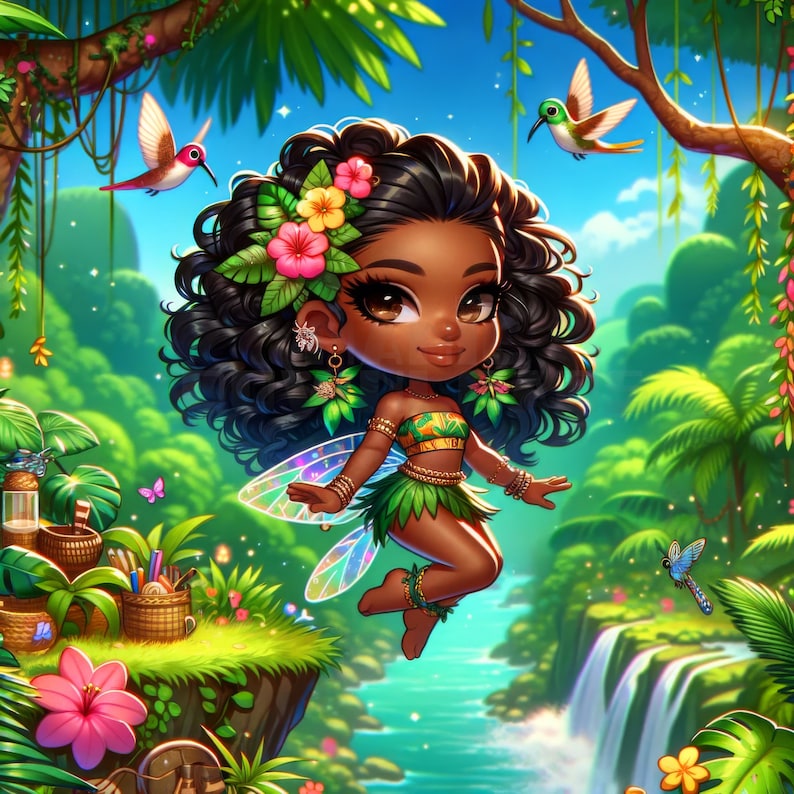 May include: A digital illustration of a Black fairy with brown curly hair, wearing a green and yellow outfit with a flower crown. She has iridescent wings and is flying in a lush green jungle setting with a waterfall in the background.