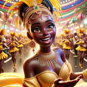Puede incluir: Una mujer con un traje dorado y amarillo con plumas y joyas sonríe a la cámara. Está rodeada de otras bailarinas con trajes similares, todas participando en un desfile festivo.