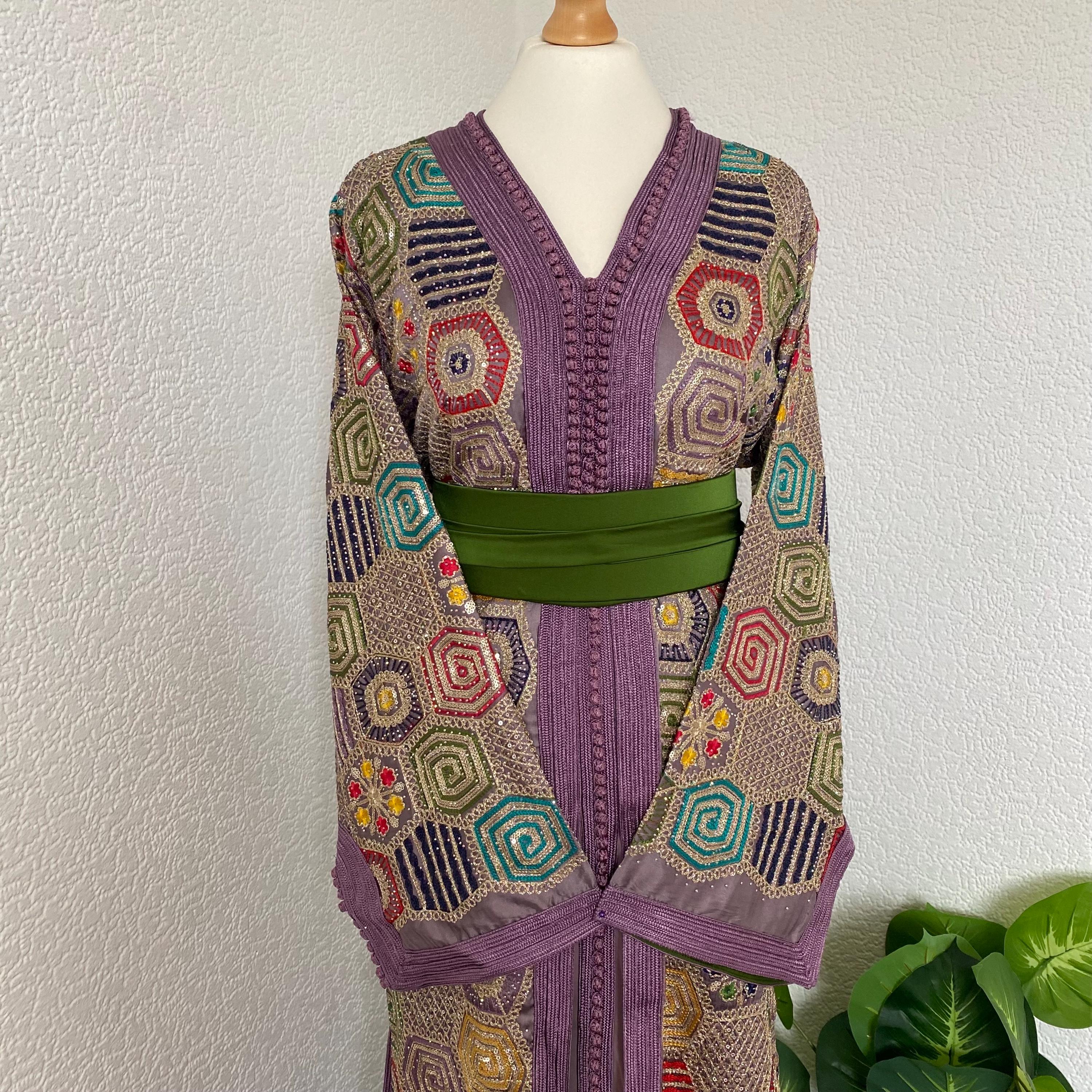 手作りモロッコカフタン - ベルト付きツーピースセット takchita sarri