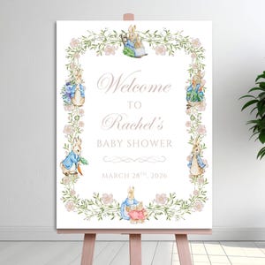 Floral Peter Rabbit Baby Shower Welcome Sign Template, Instant Download, Pink Floral Beatrix Potter Theme, Gender Neutral, Flopsy Bunny