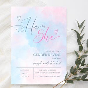 Pastel Gender Reveal Invitation Template, Instant Download, Baby Shower, Printable Pink Blue Tie Dye Cloud Invite, On Cloud Nine, He or She