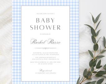 Modello di invito per baby shower con motivo a quadretti blu classico, invito digitale stampabile per brunch per neonato minimalista, tema a quadretti blu con download immediato