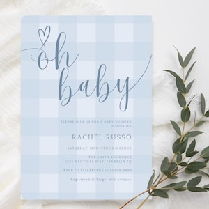 Plantilla de invitación para baby shower de cuadros azules, invitación para baby shower de niño, invitación imprimible en azul, descarga instantánea imagen 1