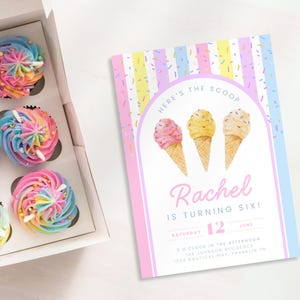 Ice Cream Birthday Party Invitation Template, Here&#39;s the Scoop Pink Girl Birthday Printable, Instant Download, Kid Birthday Ice Cream Social
