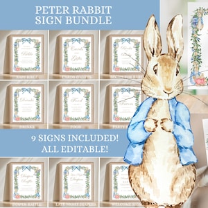 Paquete de letreros para baby shower de Peter Rabbit, letreros editables de Beatrix Potter, set imprimible de Peter Rabbit, descarga instantánea