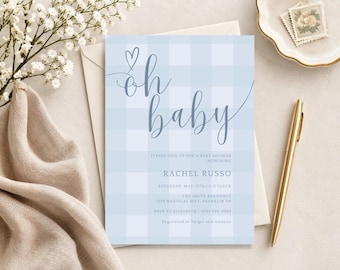 Könnte beinhalten: Eine rechteckige Einladungskarte für eine Babyparty mit einem hellblauen und weißen Karomuster. Der Text lautet oh baby, please join us for a baby shower honoring Rachel Russo, Saturday, May 12th at 2 o'clock, The Smith Residence, 1234 Nautical Way, Franklin TN, RSVP to Elizabeth (615) 399-9999, Registered at Target and Amazon.