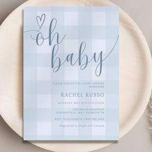 Plantilla de invitación para baby shower de cuadros azules, invitación para baby shower de niño, invitación imprimible en azul, descarga instantánea imagen 11