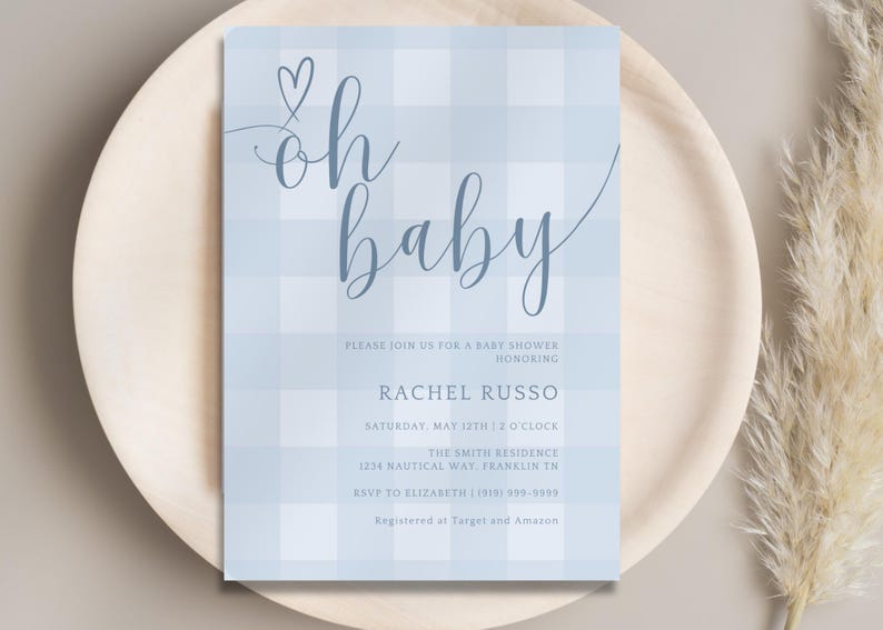 Plantilla de invitación para baby shower de cuadros azules, invitación para baby shower de niño, invitación imprimible en azul, descarga instantánea imagen 11
