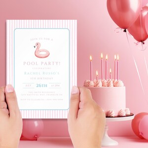 May include: A pink birthday cake with lit candles and pink balloons. A pool party invitation is held in front of the cake. The invitation has a flamingo float illustration and the text "POOL PARTY!" and "Rachel Russo's 5th Birthday".