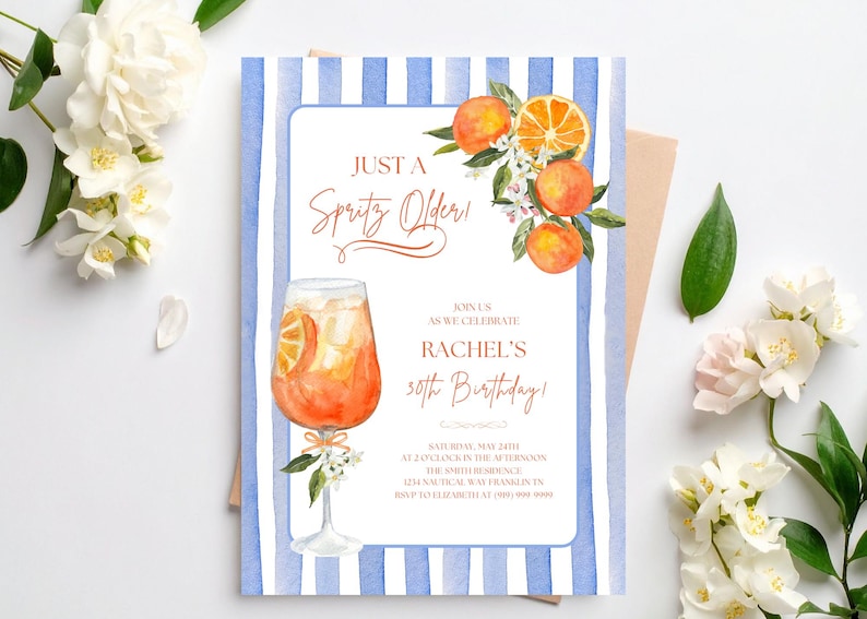 Just a Spritz äldre cocktailfödelsedagsfestinbjudningsmall, direktnedladdning, redigerbar Aperol Spritz italienskt tema vuxenfestinbjudan bild 3