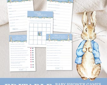 Paquete de juegos para baby shower de Peter Rabbit, actividades editables para baby shower de Beatrix Potter, juegos imprimibles para baby shower de Blue Boy, descarga instantánea