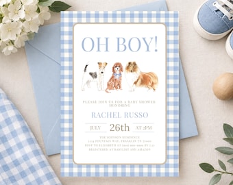 Puede incluir: Una tarjeta de invitación rectangular para baby shower con un borde de cuadros vichy en azul claro y blanco. El texto dice OH BOY! sobre ilustraciones en acuarela de tres perros. Incluye detalles del evento para Rachel Russo el 26 de julio.