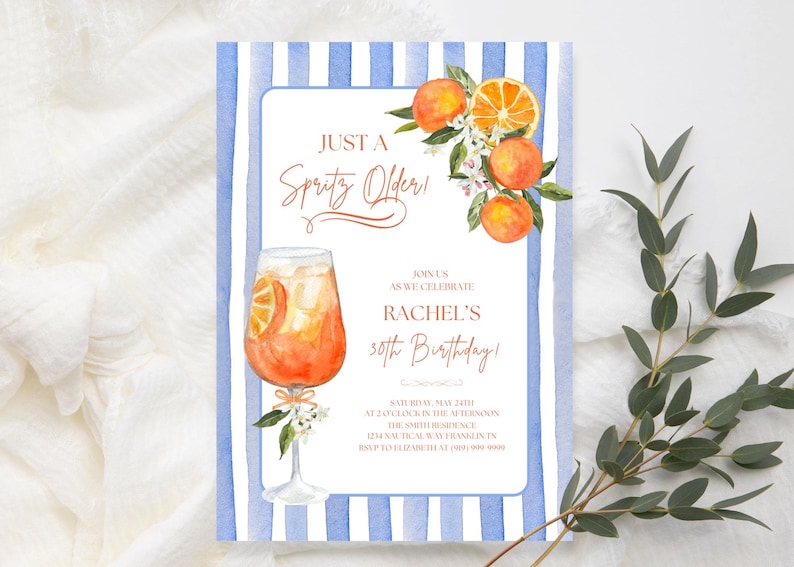 Just a Spritz äldre cocktailfödelsedagsfestinbjudningsmall, direktnedladdning, redigerbar Aperol Spritz italienskt tema vuxenfestinbjudan bild 1