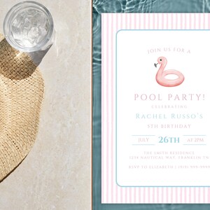 May include: A straw sun hat and a glass of water with ice sit on a light-colored surface next to a pool party invitation. The invitation features a pink flamingo float and text that reads "Pool Party!" and details for Rachel Russo's 5th birthday.