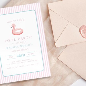May include: A pool party invitation with a pink flamingo float illustration. The invitation has a pink and white striped border and includes the text "Pool Party!" and event details. Peach-colored envelopes with a matching wax seal are also present.