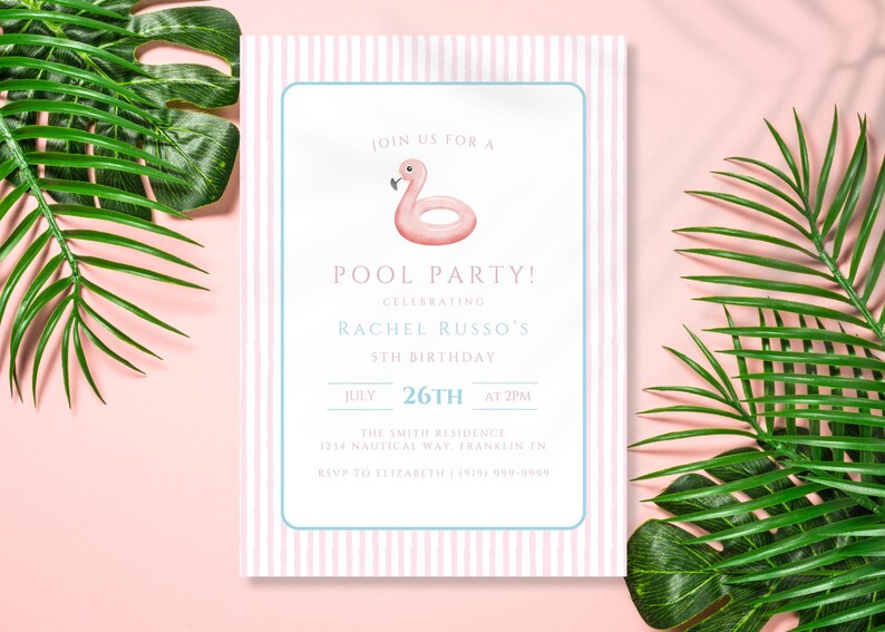 Preppy Flamingo Floatie Pool Party Birthday Invitation Template, Instant Download, Editable Pink Pastel Girl Birthday Theme, Splash into Two image 17