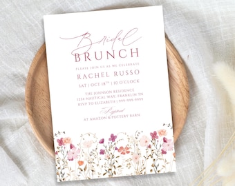 Spring Floral Bridal Brunch Invitation Template, Instant Download, Elegant Pink Wildflower Boho Bridal Shower Invite, Brunch with the Bride