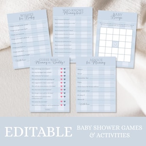 Blue Gingham Baby Shower Games Bundle, Classic Gingham Editable Baby Shower Activities, Printable Boy Baby Shower Games, Instant Download