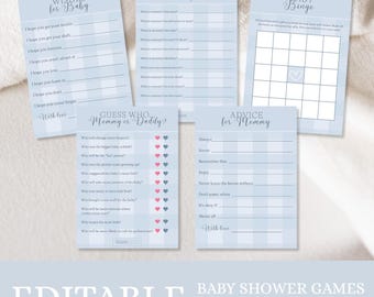 Paquete de juegos para baby shower con cuadros azules, actividades editables para baby shower con cuadros clásicos, juegos imprimibles para baby shower de niño, descarga instantánea