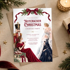 Einladung zur Cocktailparty mit Nussknacker-Motiv aus Samt, Einladung zum weihnachtlichen Mädelsabend (Bearbeitbare Canva-Vorlage)