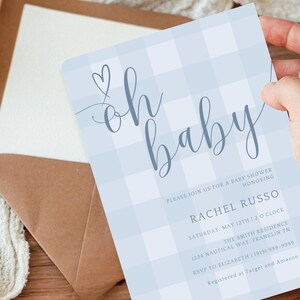 Plantilla de invitación para baby shower de cuadros azules, invitación para baby shower de niño, invitación imprimible en azul, descarga instantánea imagen 10