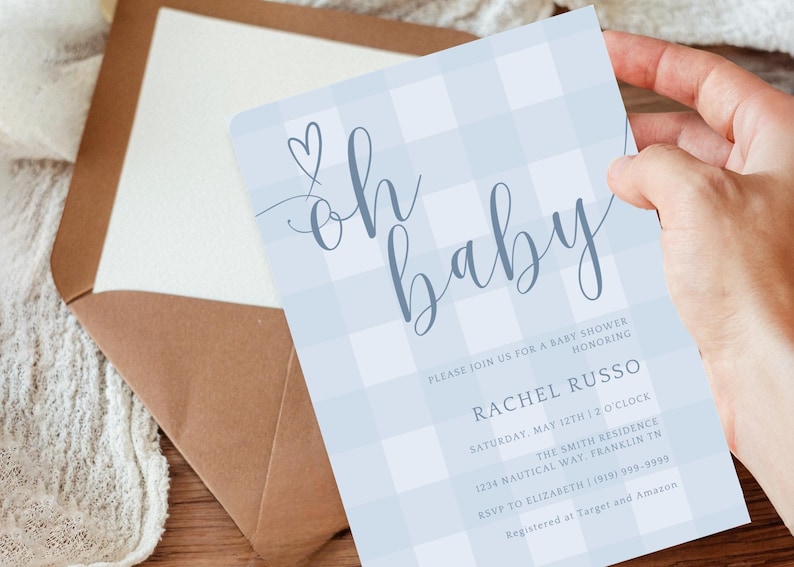 Plantilla de invitación para baby shower de cuadros azules, invitación para baby shower de niño, invitación imprimible en azul, descarga instantánea imagen 10