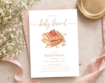 Op de afbeelding: Een witte rechthoekige uitnodigingskaart voor een babybrunch met een aquarelillustratie van wafels gegarneerd met aardbeien en kleine roze bloemen. De tekst luidt: JOIN US FOR A baby brunch HONORING Rachel Russo SAT | MAY 24TH | 12PM THE SMITH RESIDENCE 1234 NAUTICAL WAY, FRANKLIN TN 37000.