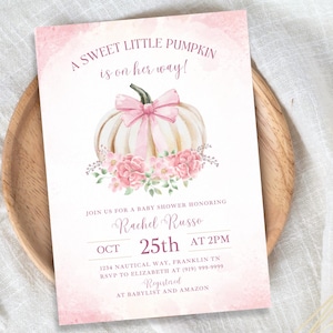 A Sweet Little Pumpkin Baby Shower Invitation Template, Instant Download, Fall Bow Baby Girl Shower, Coquette Floral Pink Pumpkin Invite