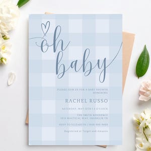 Plantilla de invitación para baby shower de cuadros azules, invitación para baby shower de niño, invitación imprimible en azul, descarga instantánea imagen 3