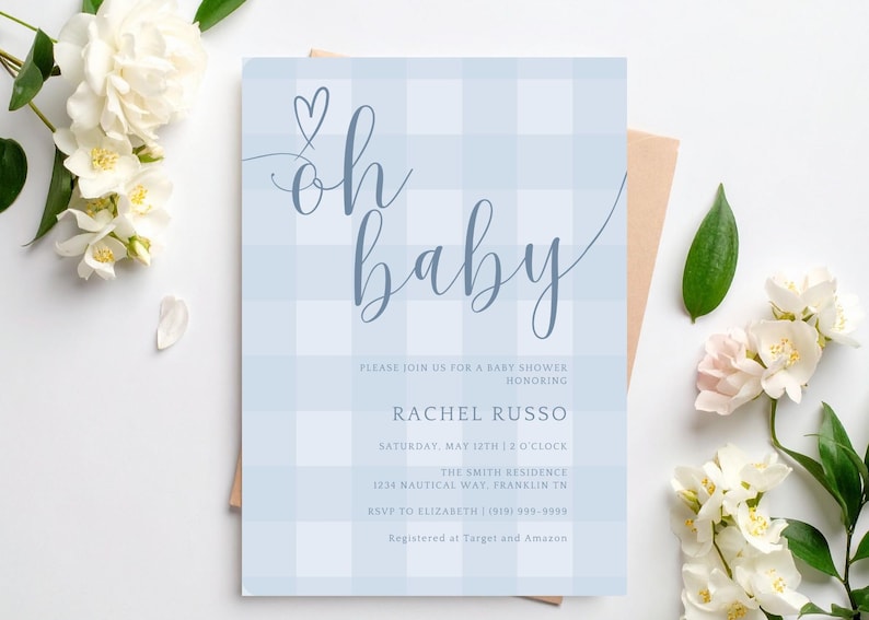 Plantilla de invitación para baby shower de cuadros azules, invitación para baby shower de niño, invitación imprimible en azul, descarga instantánea imagen 3