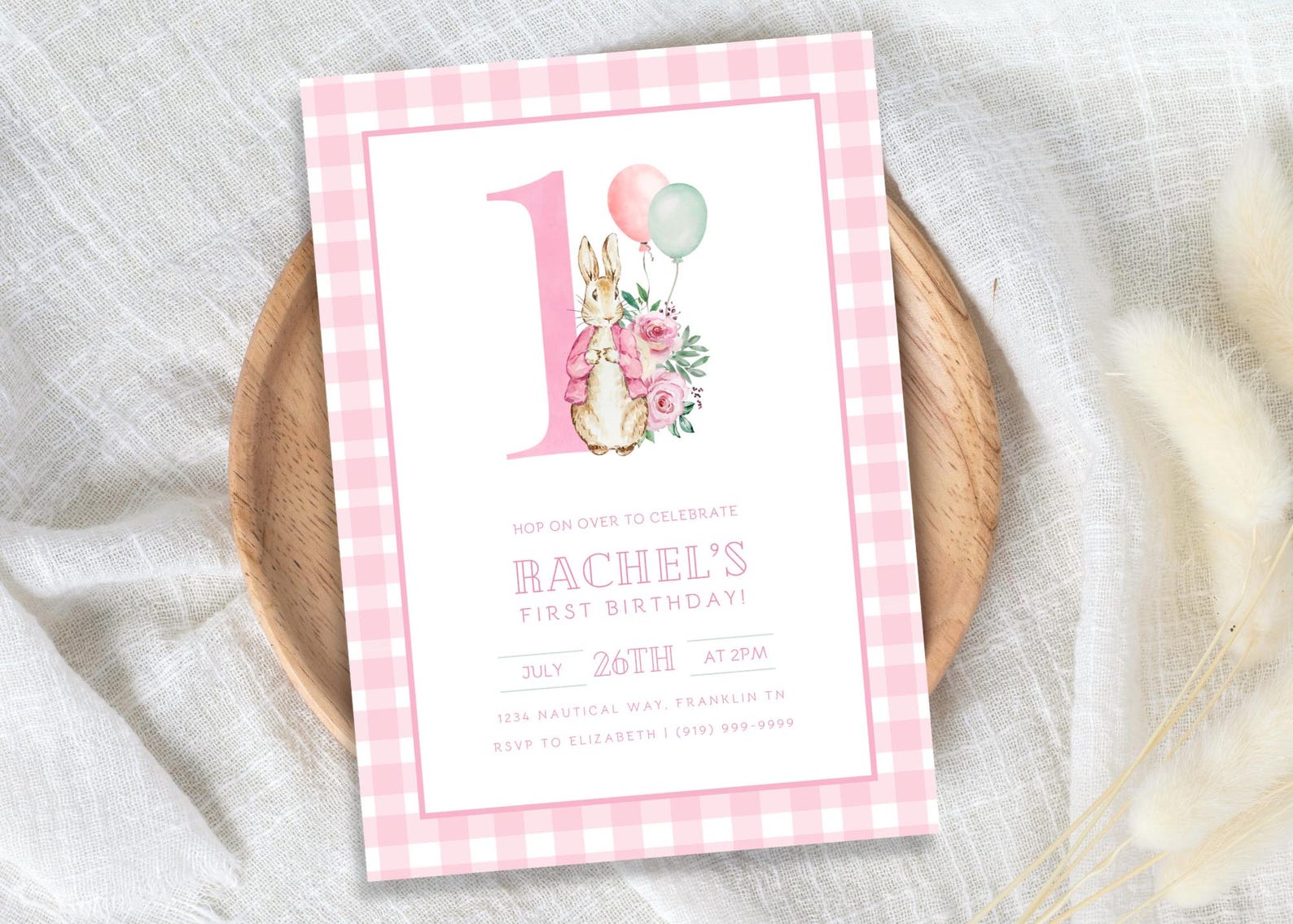 Pink Gingham Peter Rabbit First Birthday Invitation Template, Editable ...