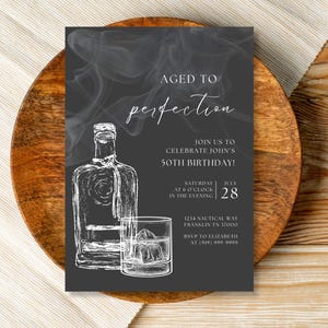 Aged to Perfection Whiskey Birthday Invitation Template, Instant Download, Editable Mens Bourbon Birthday Invite, Old Fashioned Party Theme