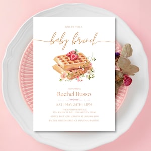 Modello di invito per baby shower per brunch, download immediato, invito per bambina con waffle alla fragola e brunch, genere neutro, invito digitale