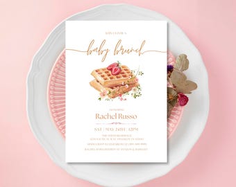 Plantilla de invitación para baby shower con brunch, descarga instantánea, invitación para bebé niña con waffle de fresa y brunch, género neutro, invitación digital