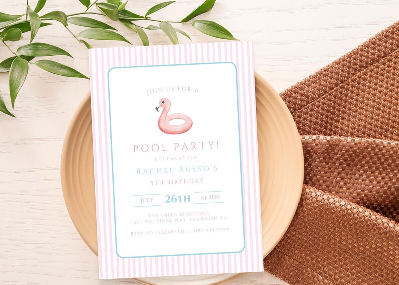 May include: A pool party invitation with a pink flamingo float illustration. The invitation has a light blue border and pink and white striped background. The text reads "Join us for a Pool Party!" celebrating Rachel Russo's 5th birthday on July 26th at 2 PM.