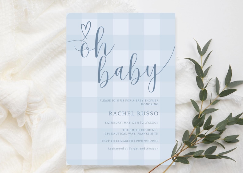 Plantilla de invitación para baby shower de cuadros azules, invitación para baby shower de niño, invitación imprimible en azul, descarga instantánea imagen 1