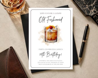 Old Fashioned Birthday Invitation, Whiskey Birthday Party Invite (Editable Canva Template)